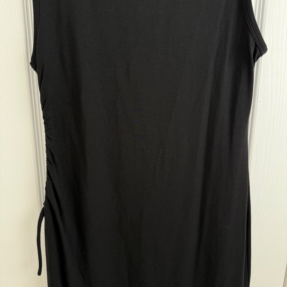 Theory Black Sleeveless Ruched Side Midi Dress L Stretchy Bodycon Classic Chic - Picture 9 of 9